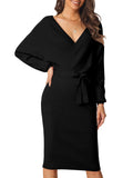 Unique Bargains Women's Deep V Neck Wrap Lantern Sleeve Belted Mini Sweater Dress M Black