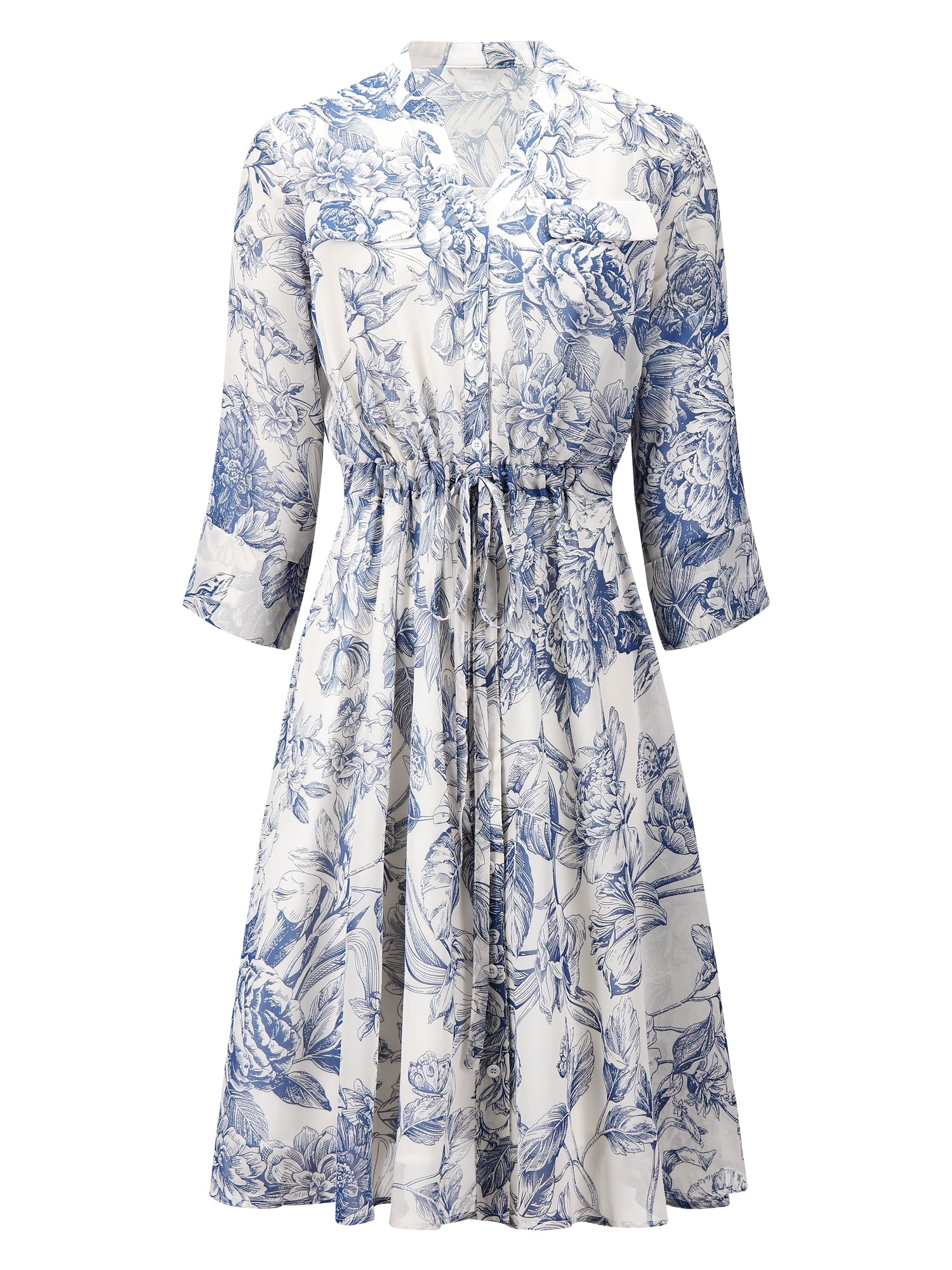 Unique Bargains Women's Floral Chiffon Half Sleeve Button Down Flare Dresses S White