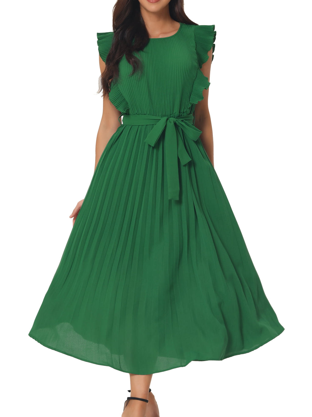 Unique Bargains Women's Ruffle Sleeveless Midi Dress with Tie Waist Belt XL Green