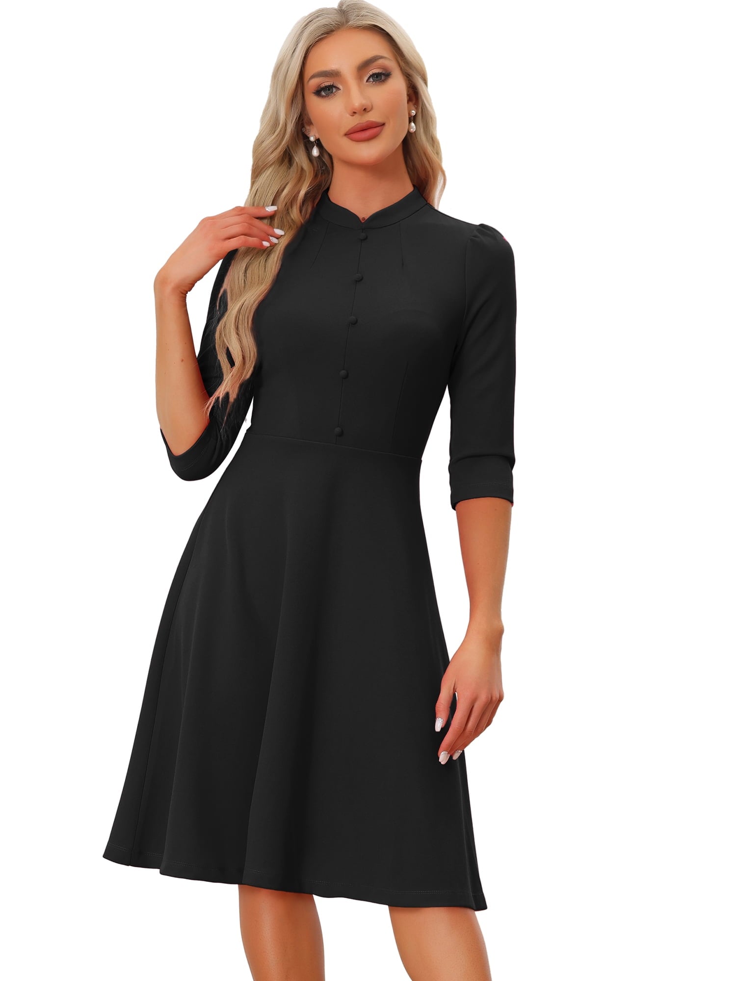 Unique Bargains Women's Sheath 3/4 Sleeves Stand Collar A-Line Dress M Black