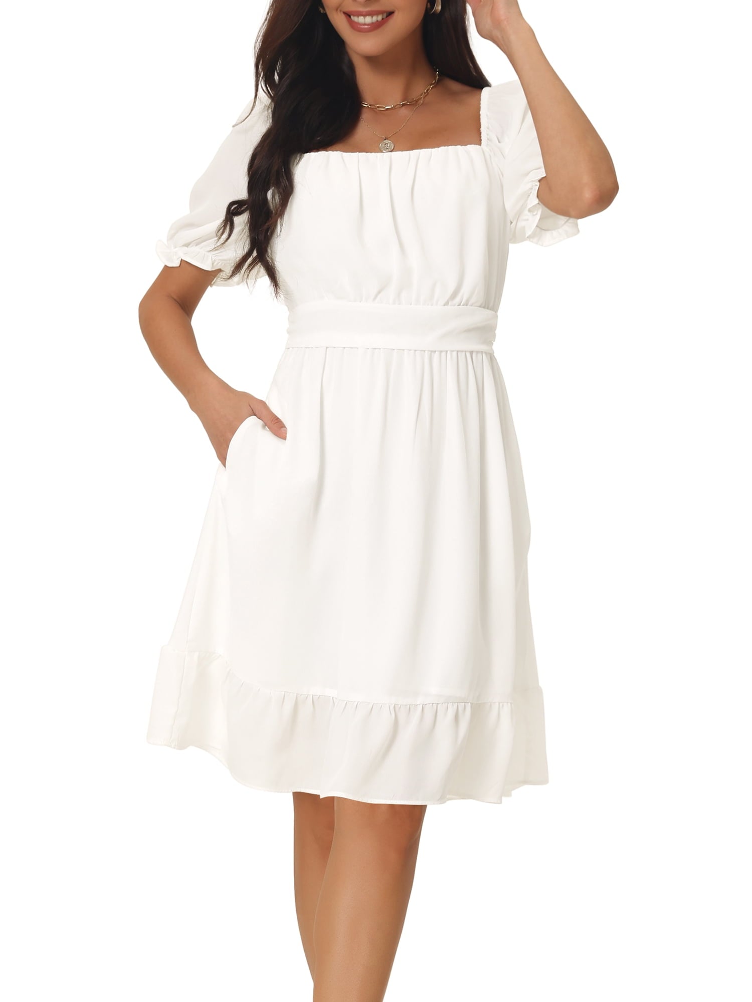 Unique Bargains Women's Square Neck Smocked Back Ruffle A-Line Dress XL Pink