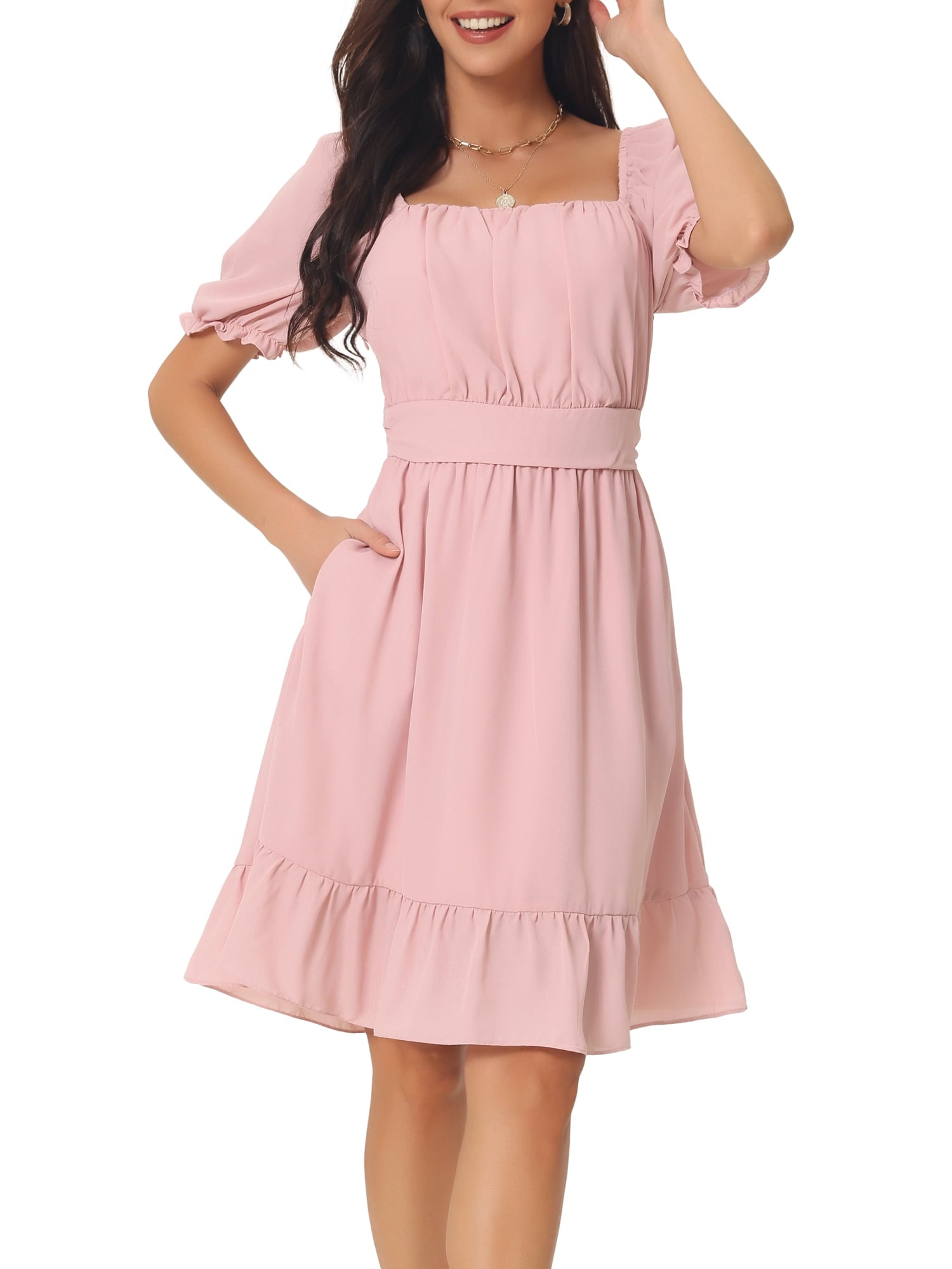 Unique Bargains Women's Square Neck Smocked Back Ruffle A-Line Dress XL Pink