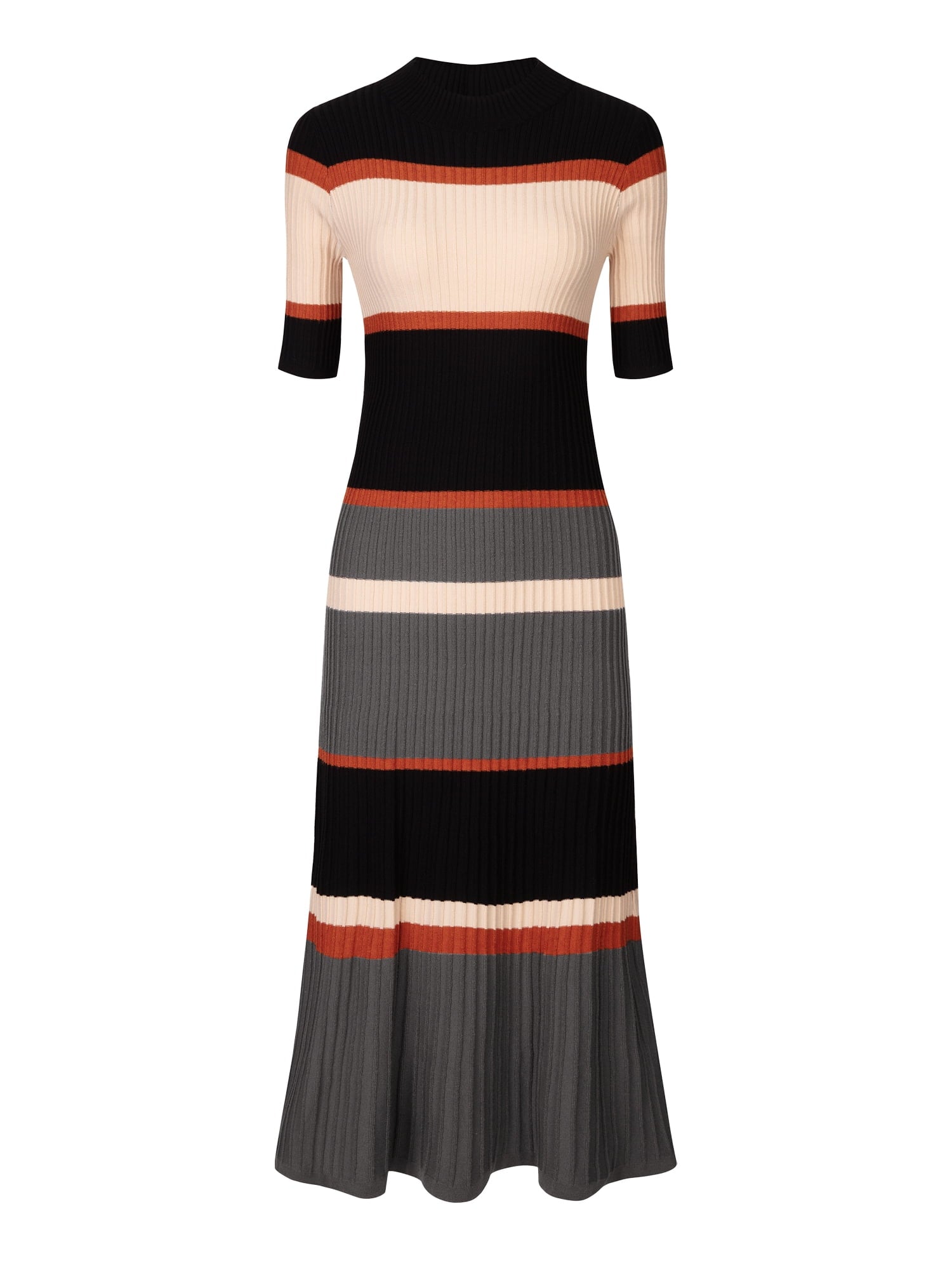 Unique Bargains Women's Striped Short Sleeve A-Line Midi Dresses L Orange