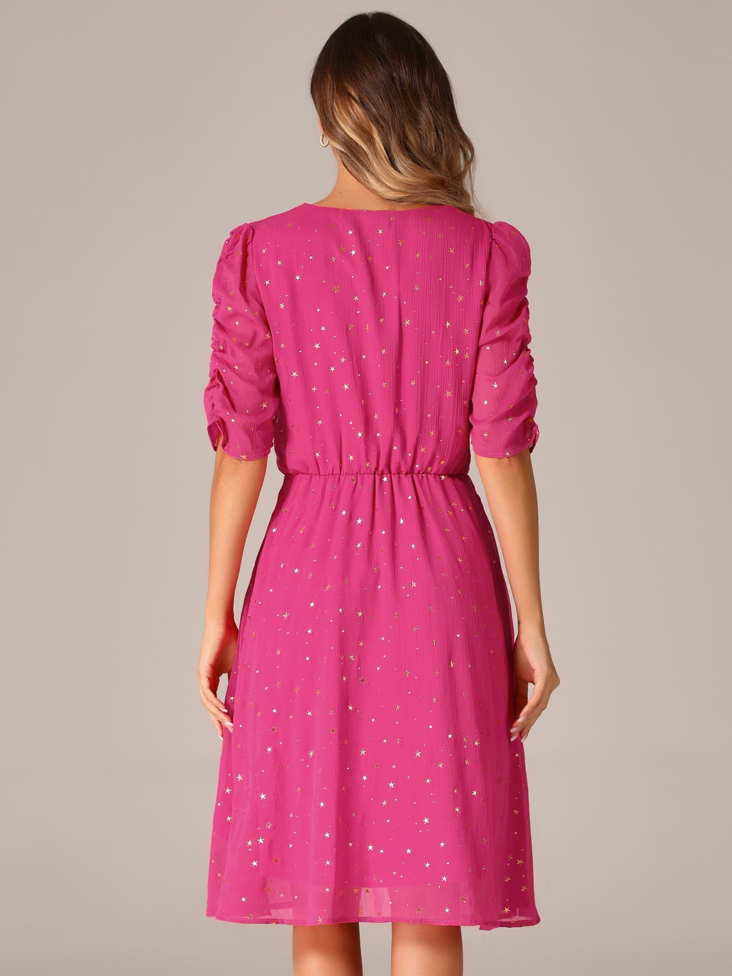 DARING DIVA Metallic Stars A-line Chiffon Dress L Hot Pink