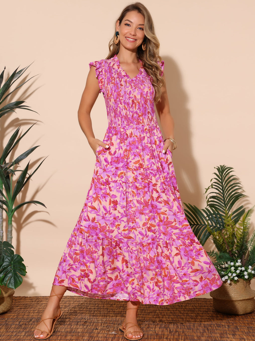 DARING DIVA V Neck Smocked Ruffle Tiered Maxi Dress S Hot Pink