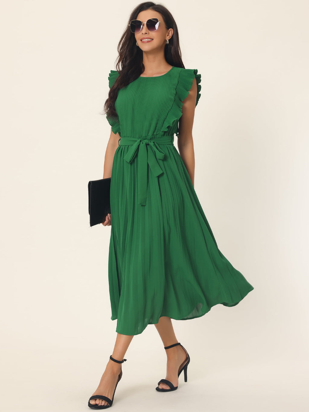Unique Bargains Women's Ruffle Sleeveless Midi Dress with Tie Waist Belt XL Green
