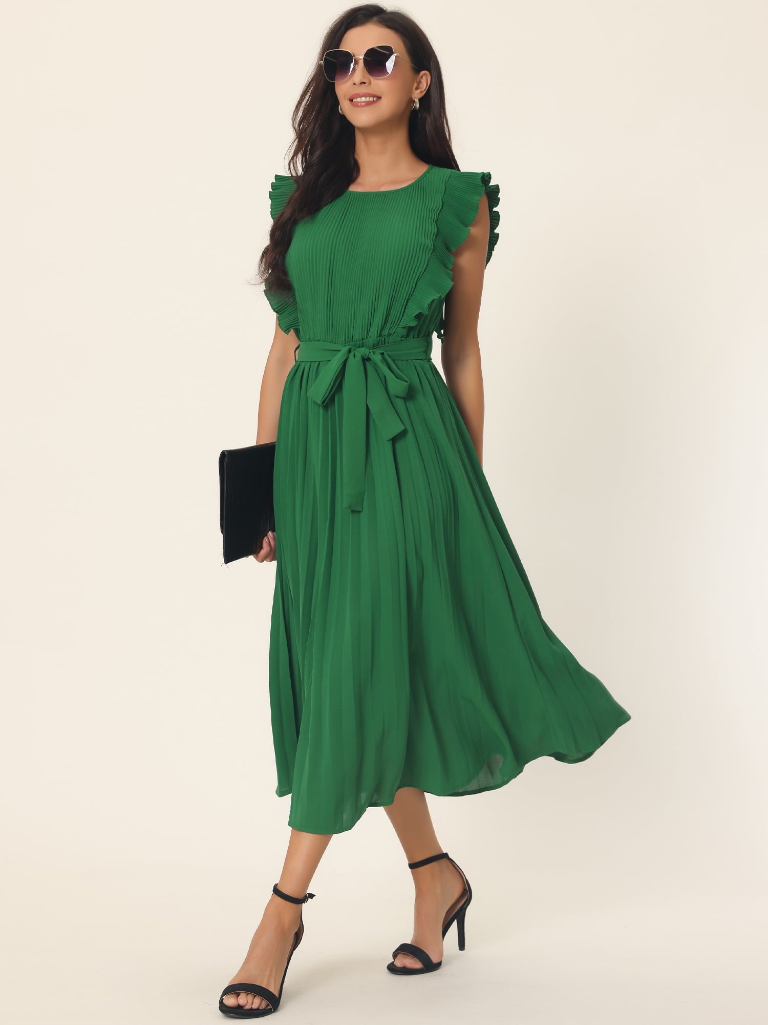 Unique Bargains Women's Ruffle Sleeveless Midi Dress with Tie Waist Belt XL Green