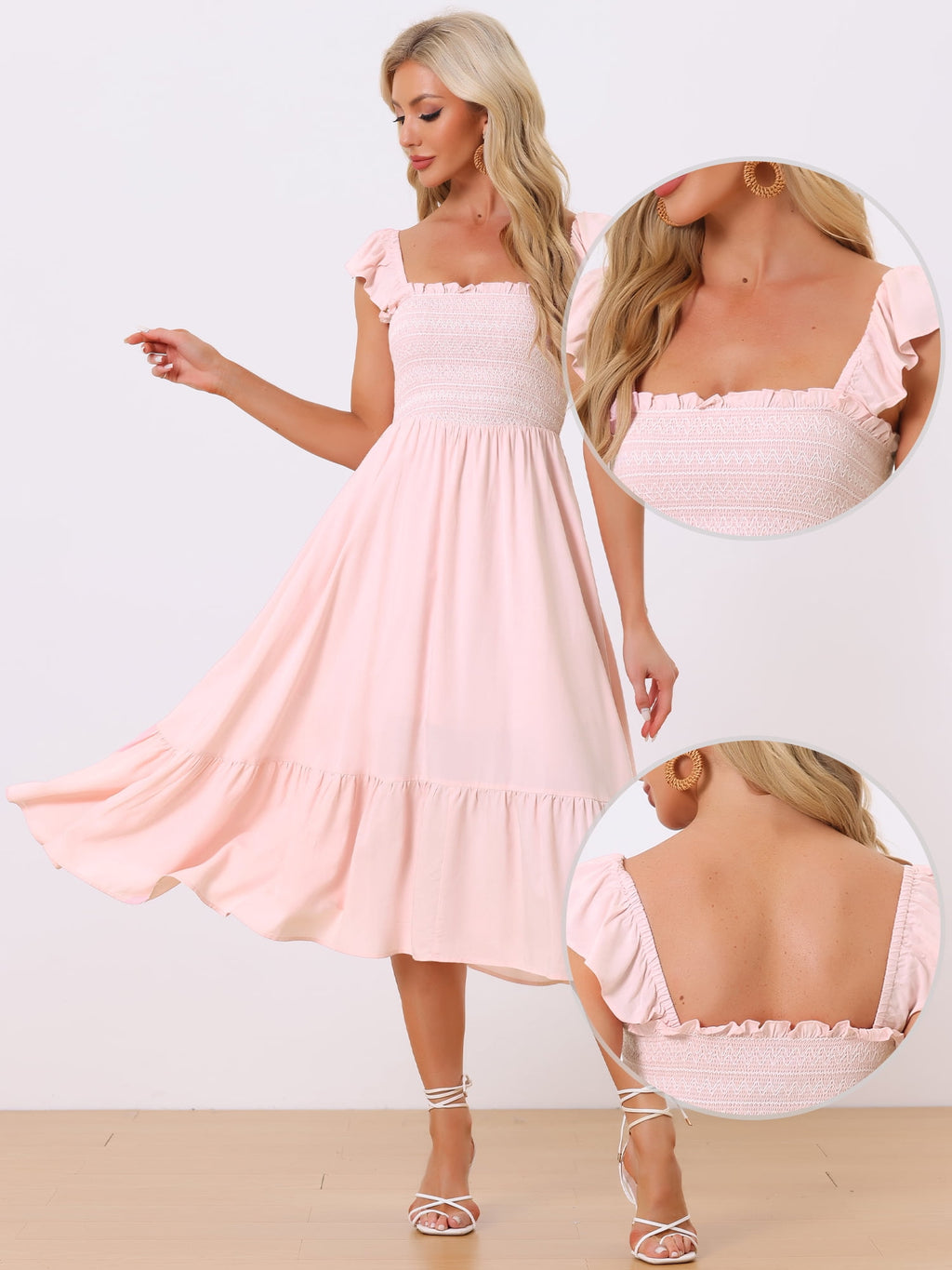 DARING DIVA Square Neck Boho Sleeveless Ruffle Tiered Smocked Sundress M Pink