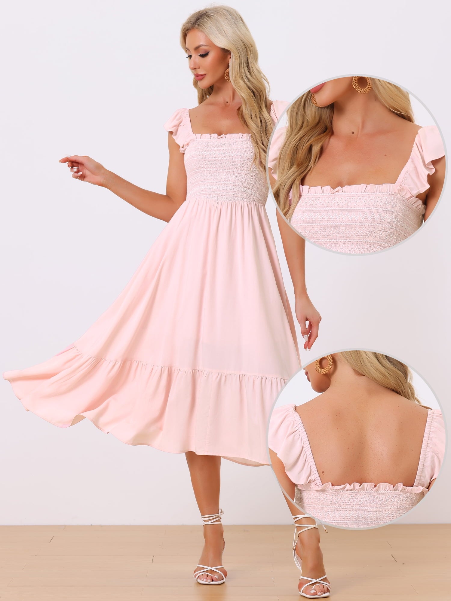 DARING DIVA Square Neck Boho Sleeveless Ruffle Tiered Smocked Sundress M Pink