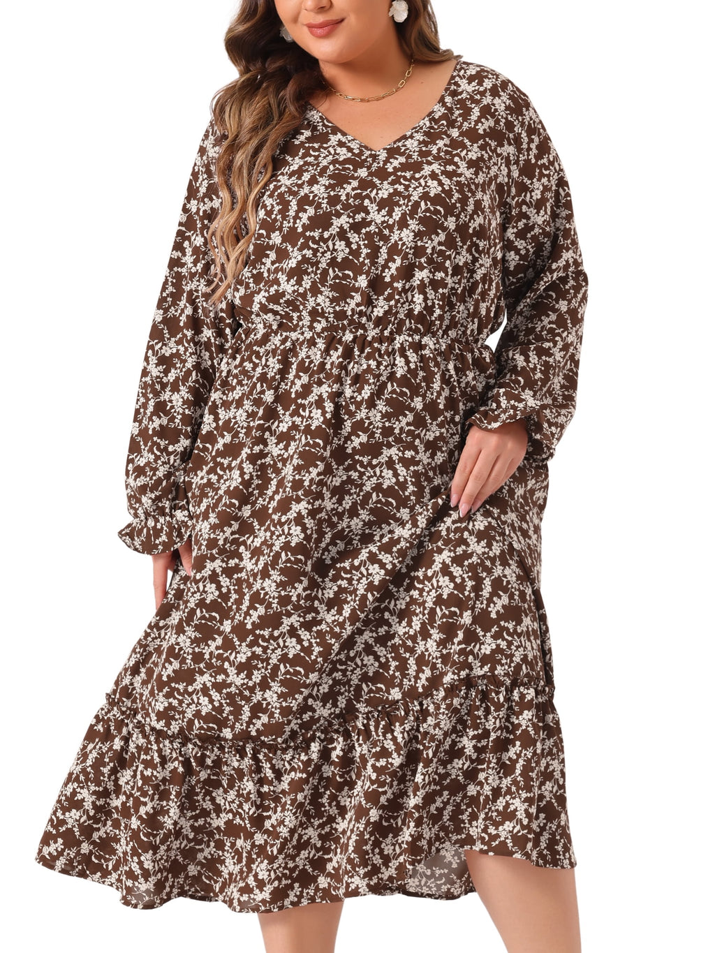 DARING DIVA Plus Size Floral Print V Neck Long Sleeve Maxi Dress 1X Brown