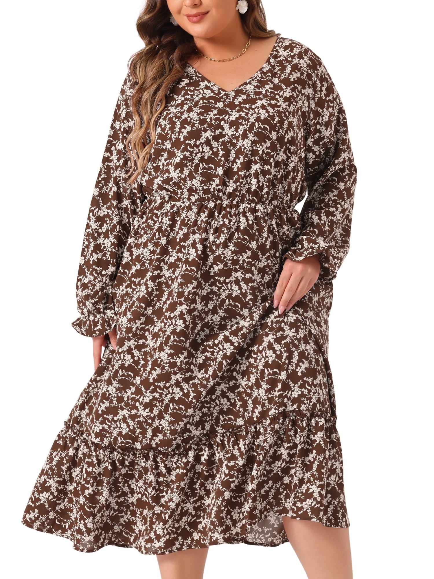 DARING DIVA Plus Size Floral Print V Neck Long Sleeve Maxi Dress 1X Brown