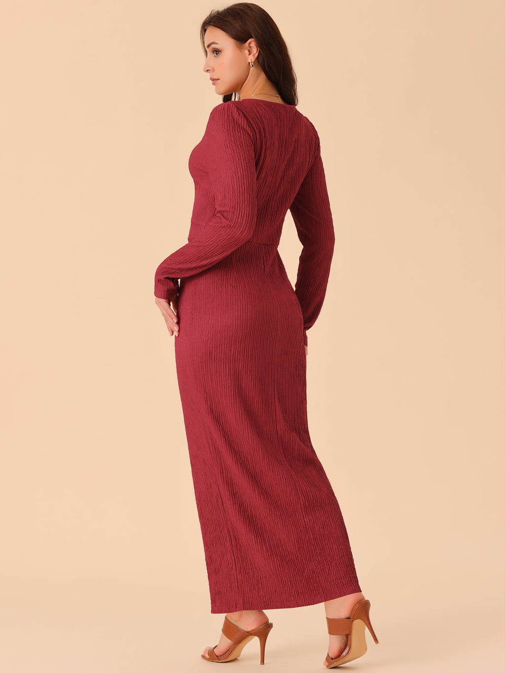 DARING DIVA Long Sleeve V Neck Slit Hem Maxi Cocktail Dress S Wine Red