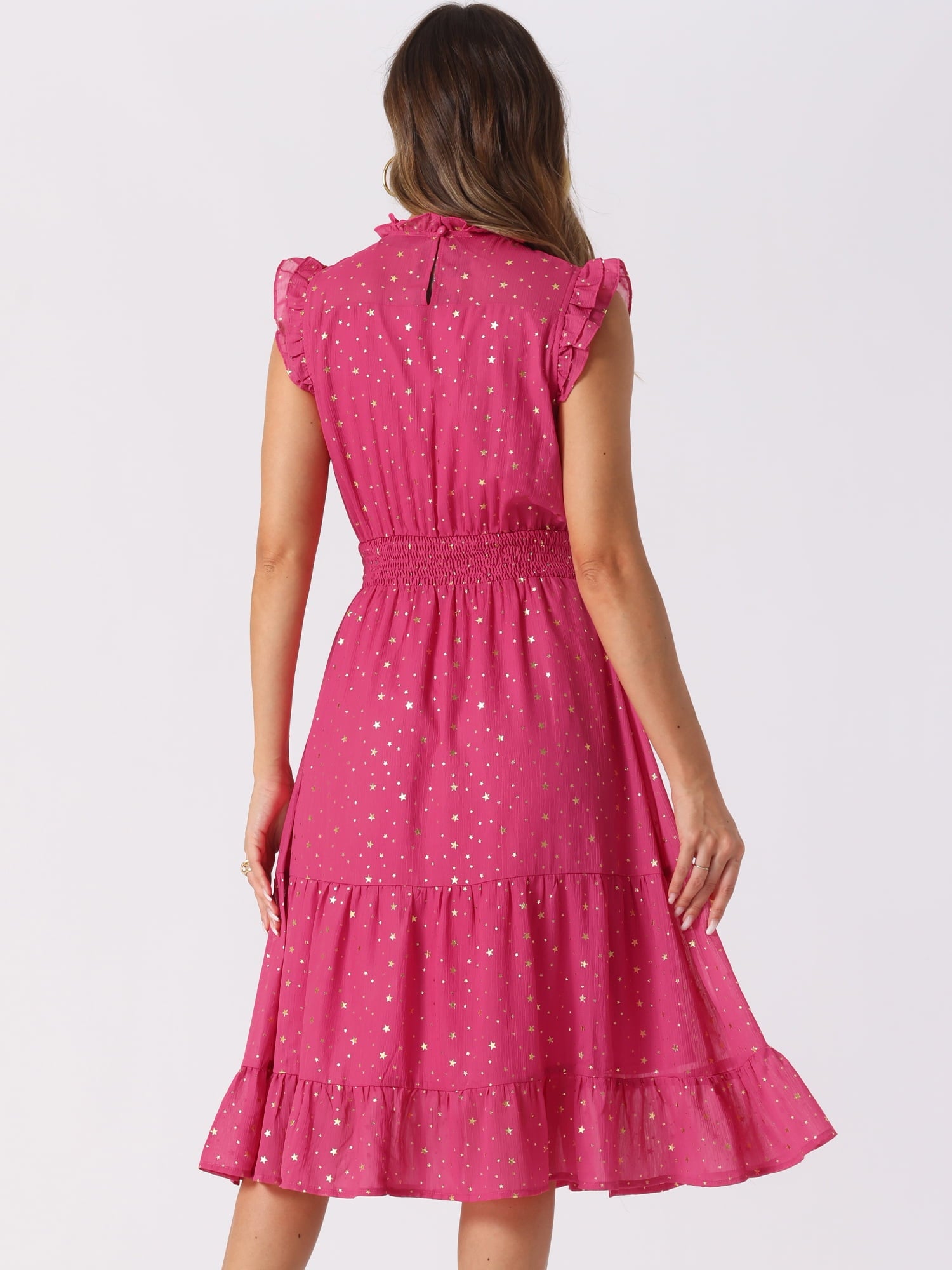 DARING DIVA Smocked Waist Gilding Metallic Stars Chiffon Dress XL Hot Pink