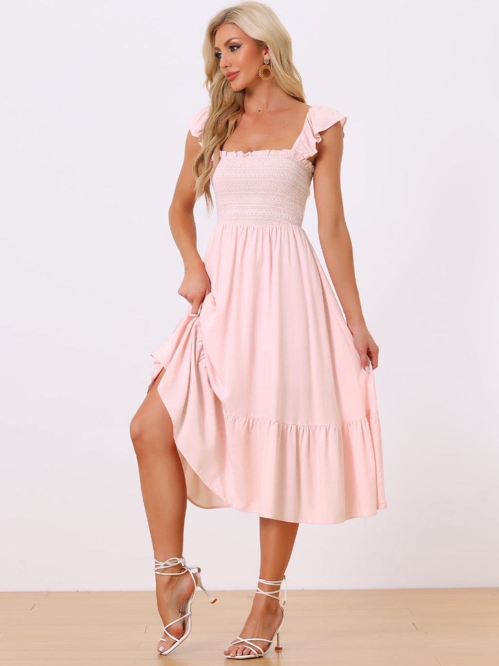 DARING DIVA Square Neck Boho Sleeveless Ruffle Tiered Smocked Sundress M Pink