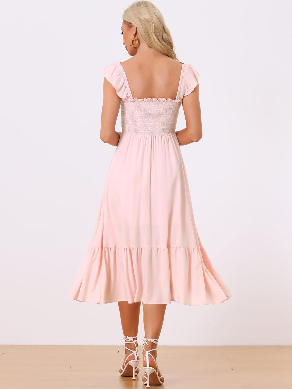 DARING DIVA Square Neck Boho Sleeveless Ruffle Tiered Smocked Sundress M Pink