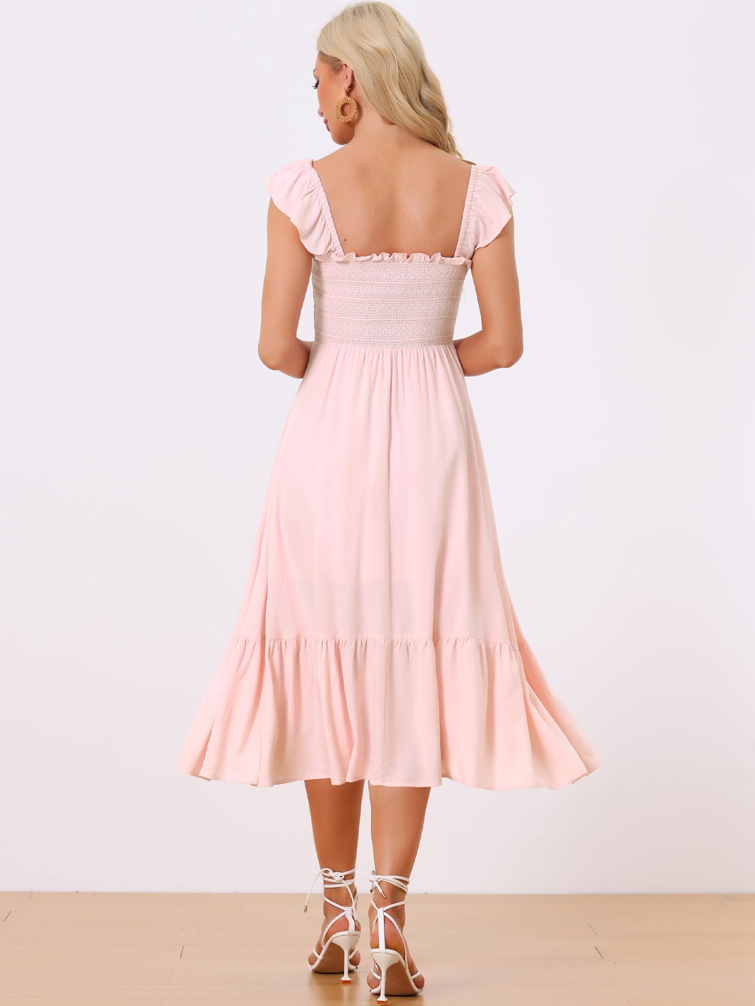 DARING DIVA Square Neck Boho Sleeveless Ruffle Tiered Smocked Sundress M Pink