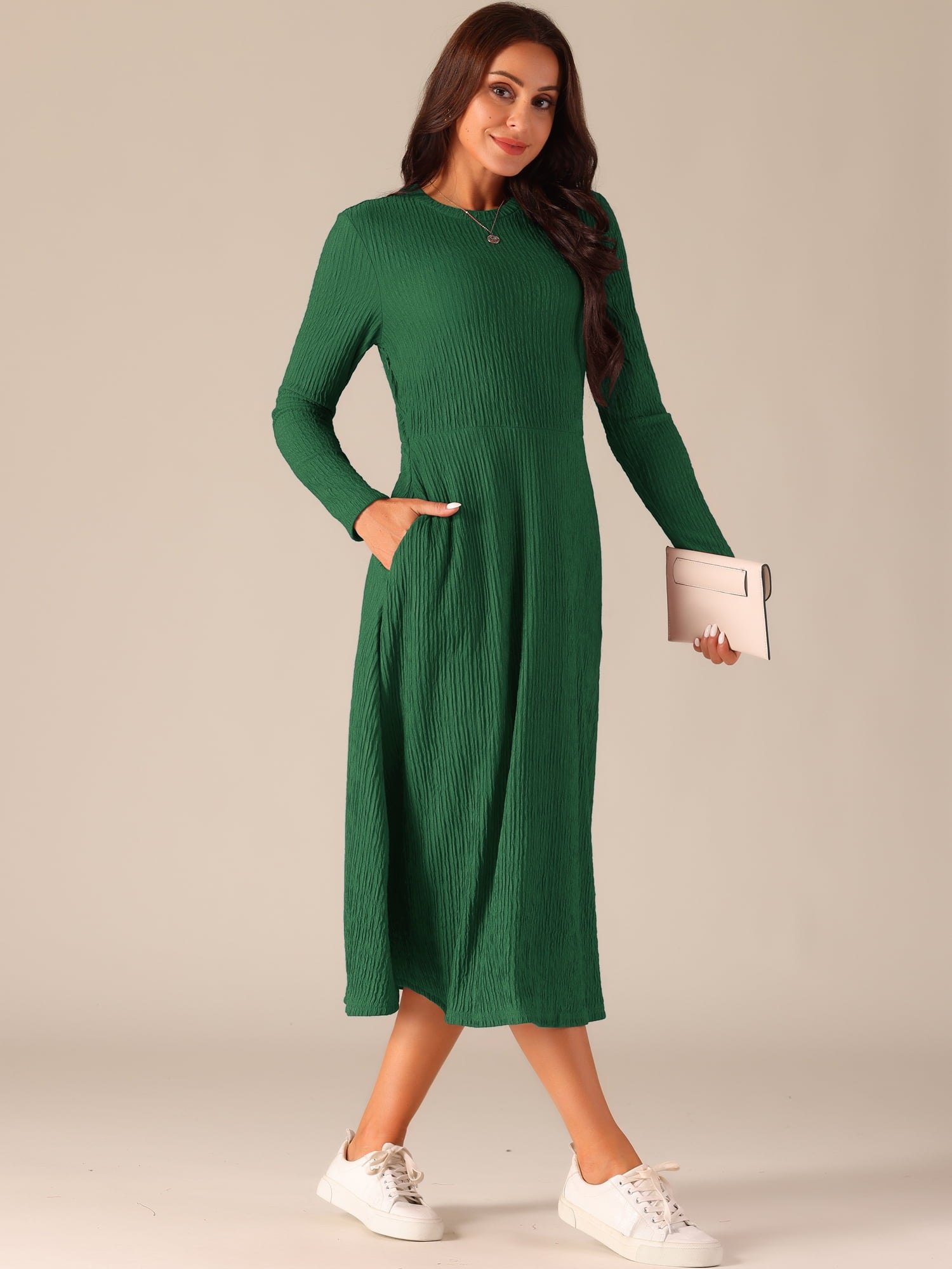 DARING DIVA Long Sleeve Crew Neck Knit A-Line Midi Dress XL Dark Green