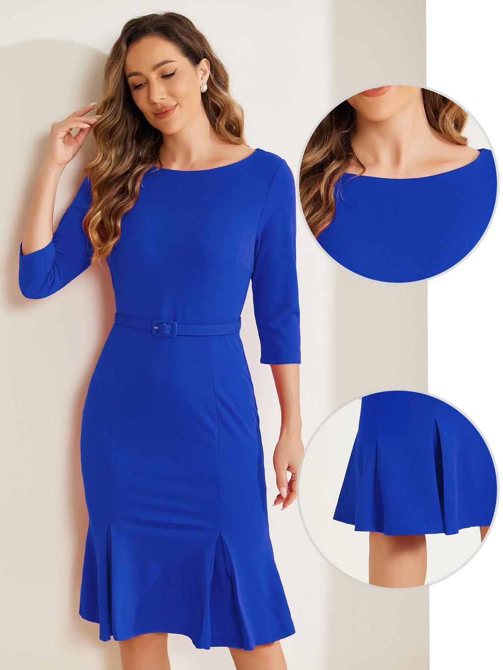 DARING DIVA Boat Neck Half Sleeve Pleated Business Elegant Dresses S Royal blue