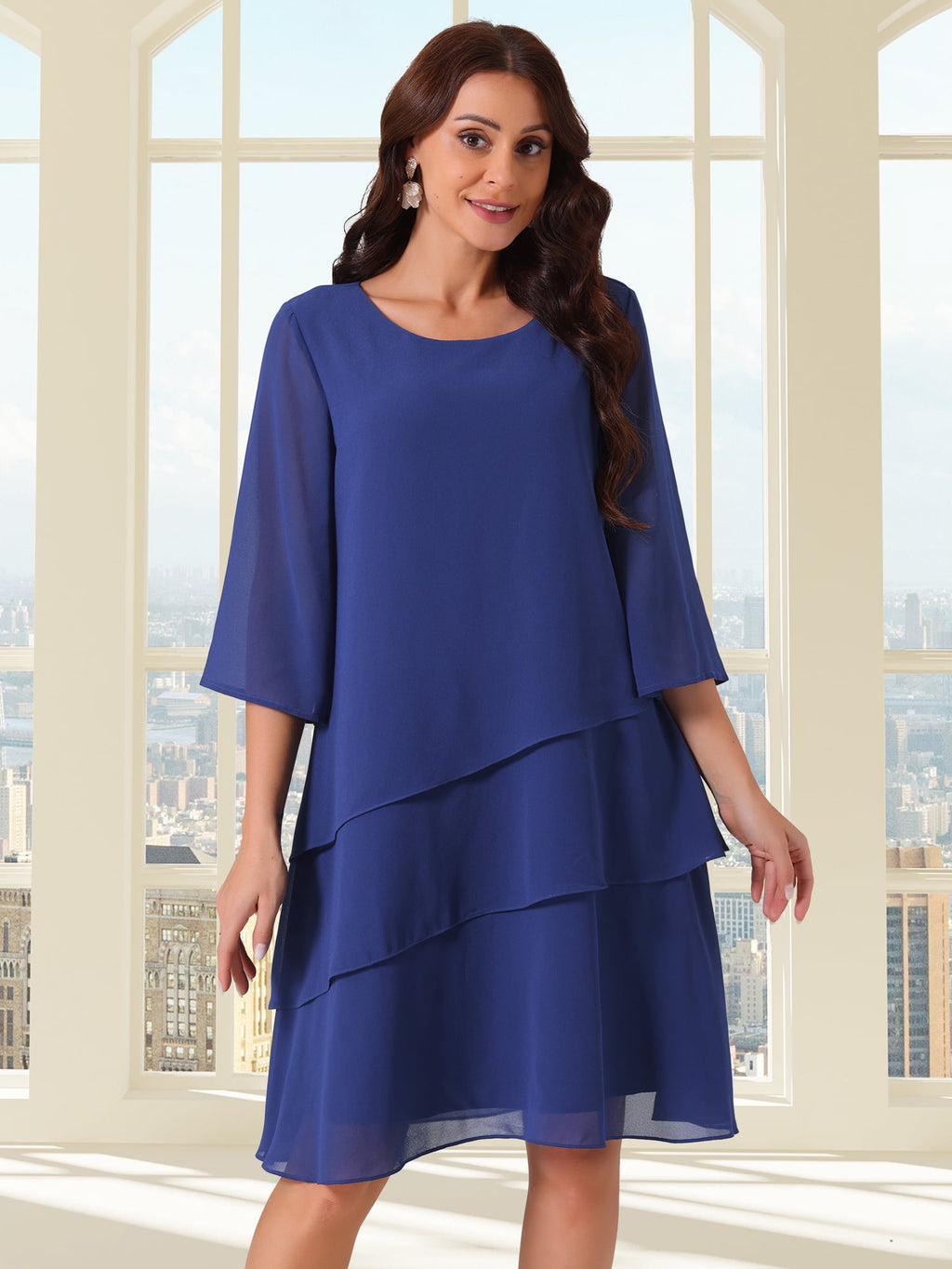 DARING DIVA Chiffon 3/4 Sleeve Tiered Layered Flowy Dress S Dark Blue