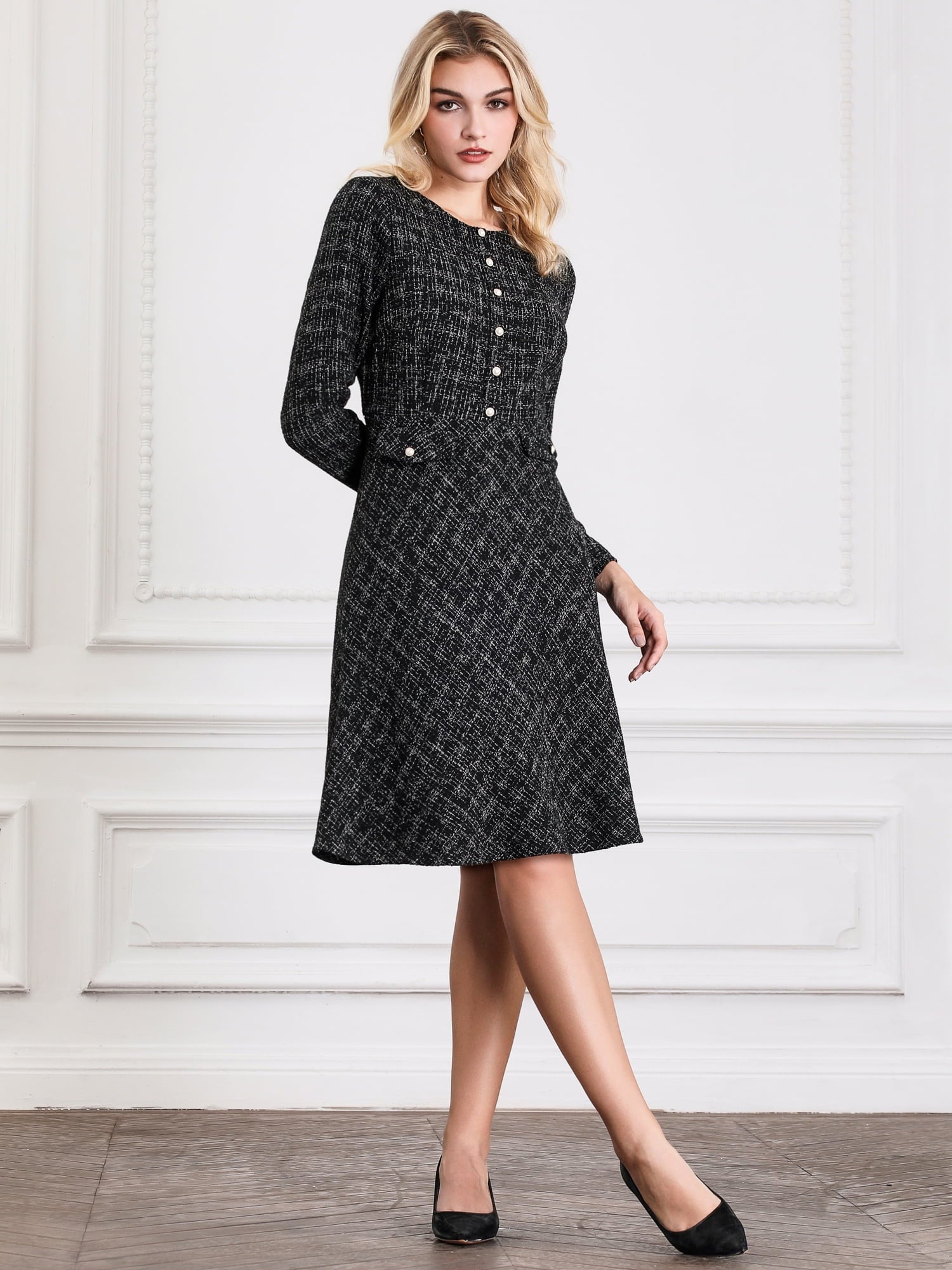 DARING DIVA A-Line Tweed Vintage Work Flare Dress M Black