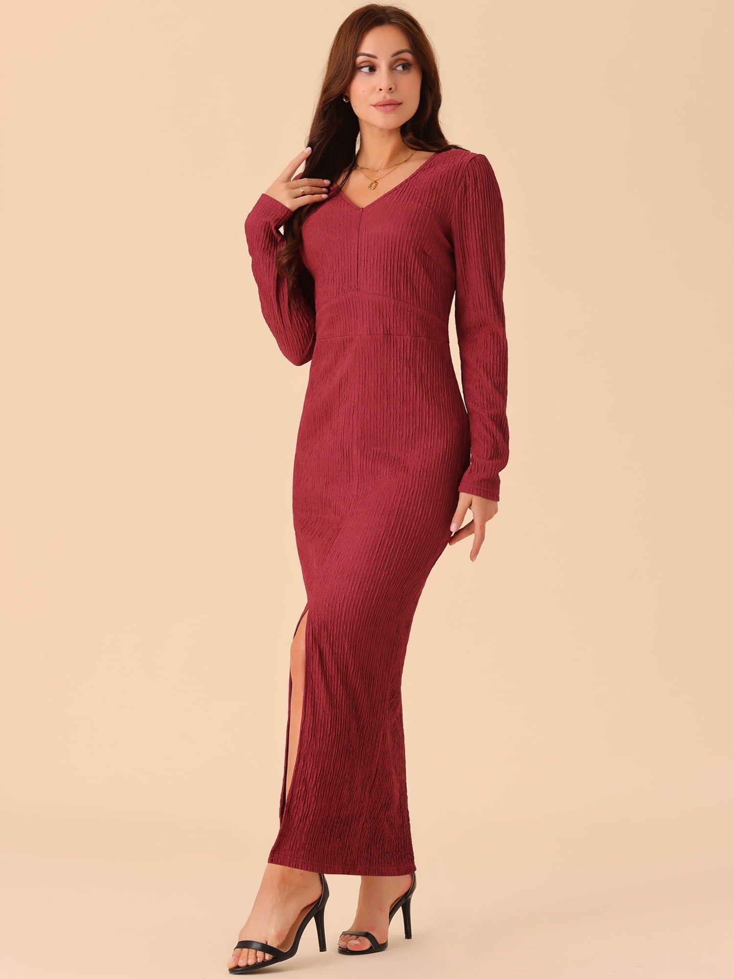 DARING DIVA Long Sleeve V Neck Slit Hem Maxi Cocktail Dress S Wine Red