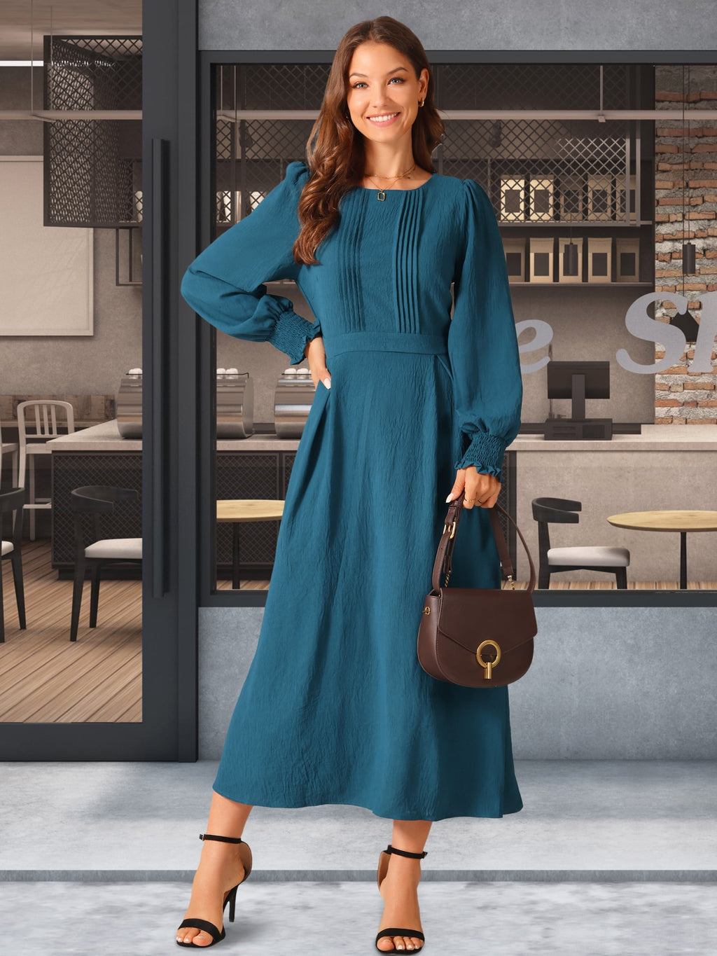 DARING DIVA Frilled Crewneck Long Sleeve Midi Fall Dress L Peacock Blue