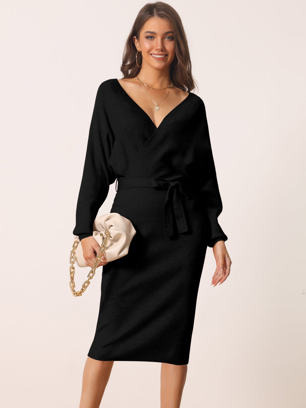 Unique Bargains Women's Deep V Neck Wrap Lantern Sleeve Belted Mini Sweater Dress M Black
